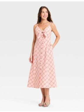 NWT a new day Pink Plaid Tie-Front Midi Dress size M